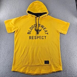 Under Armour Hoodie Mens XL Yellow Project Rock Short Sleeve Fleece Blood Sweat